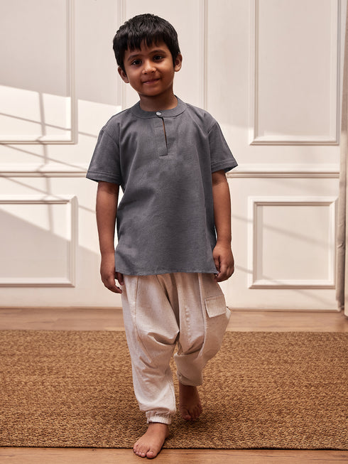 Boy's Grey Cotton Yoga Kurta Set With Harem Pants - Kids Sizes