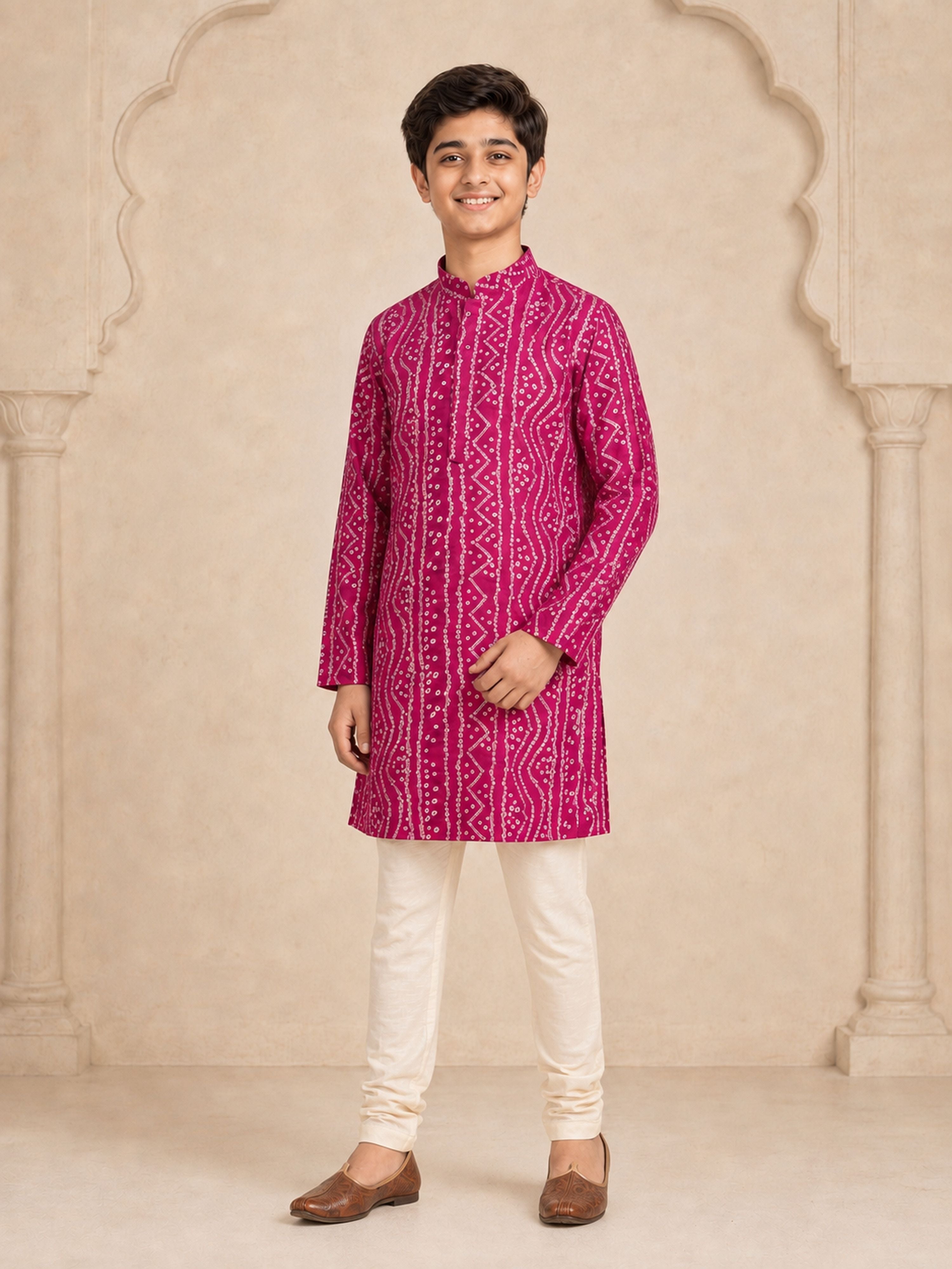 Boy's Fuchsia Rayon Digital Print Knee Length Kurta