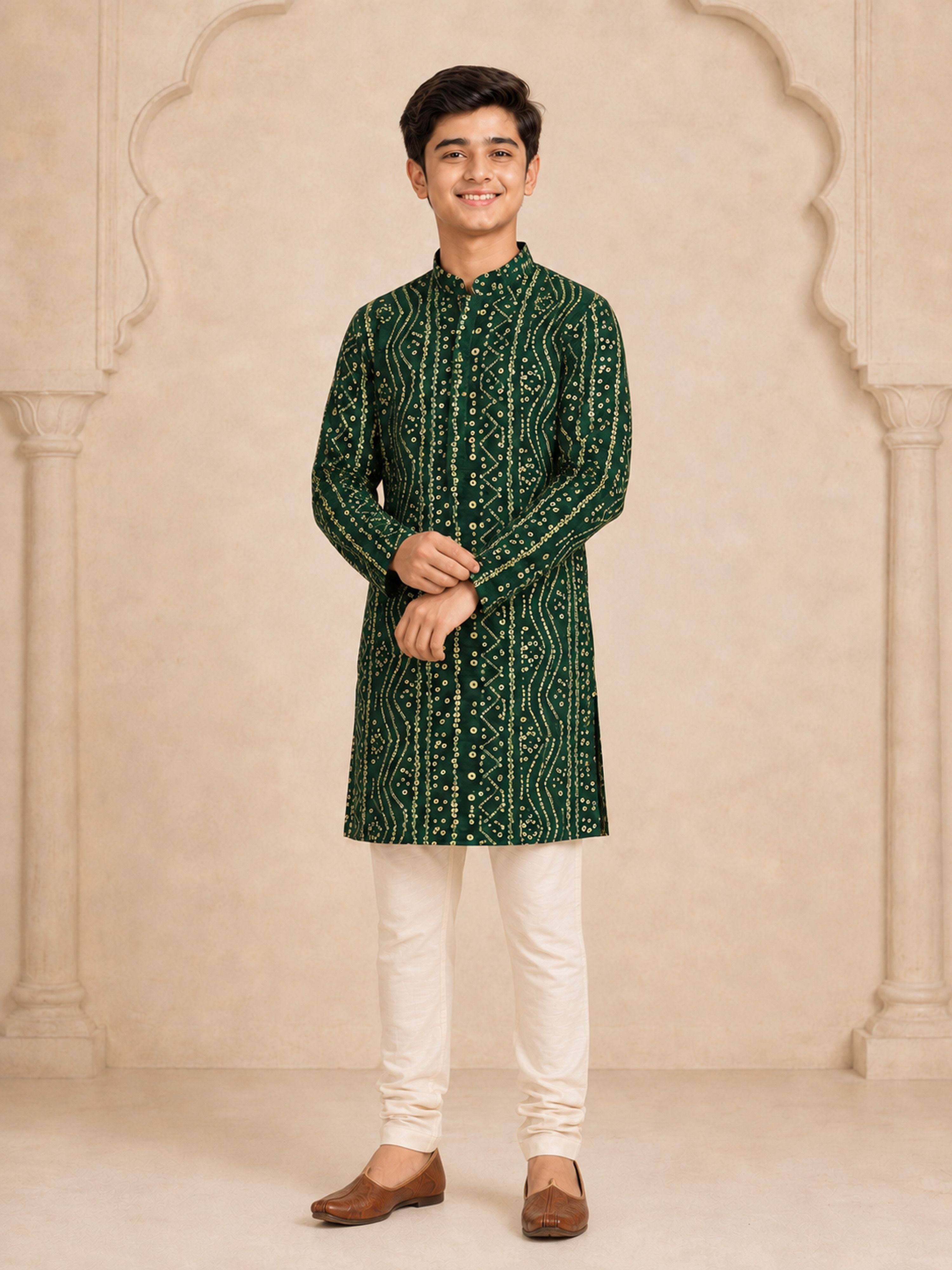 Boy's Green Rayon Digital Print Knee Length Kurta