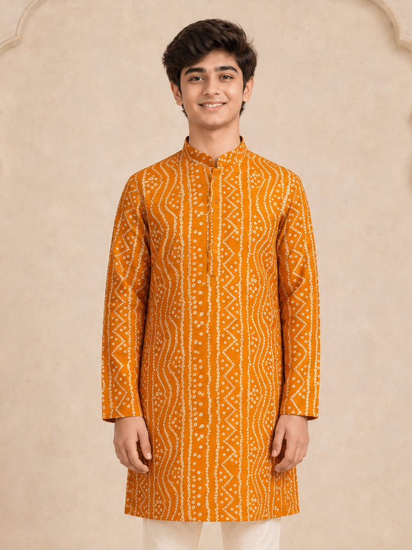 Boy's Mustard Rayon Digital Print Knee Length Kurta