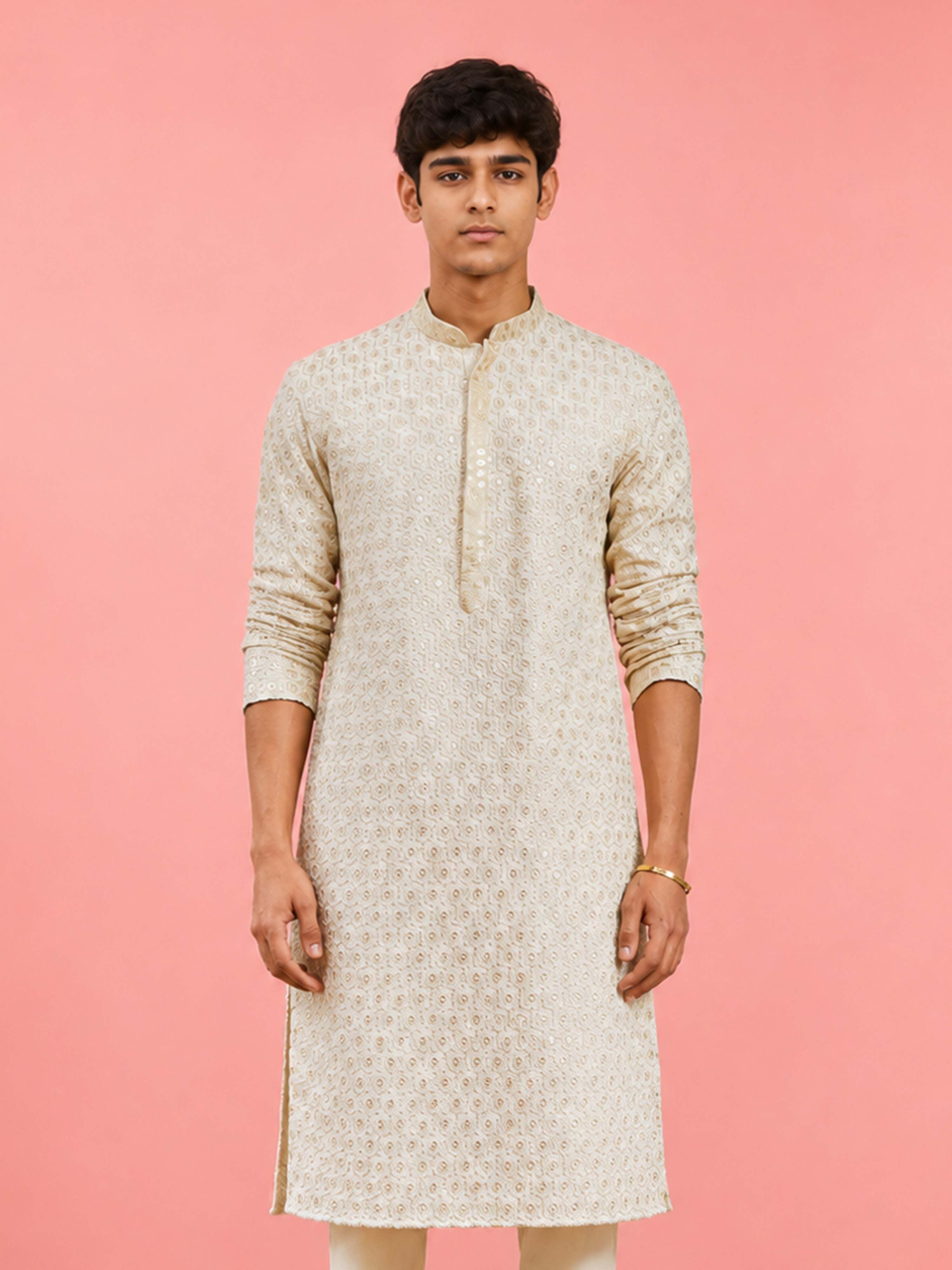 Boy Off-White Rayon Kurta Festive, Festive Glitz, Indated Traditions, Summer / Casual, All regions Ethnic Wear