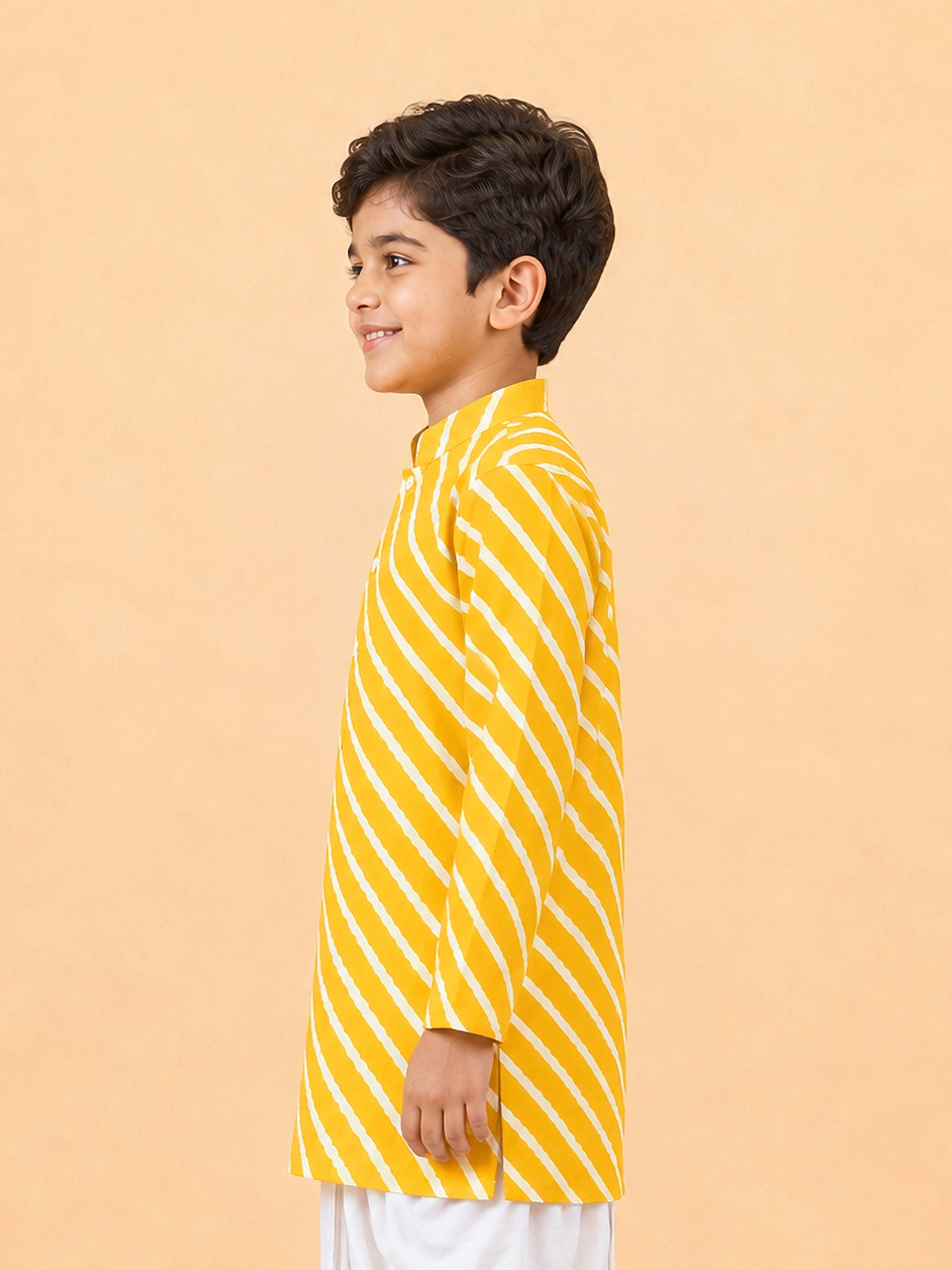 Boy's Yellow Cotton Striped Knee Length Kurta