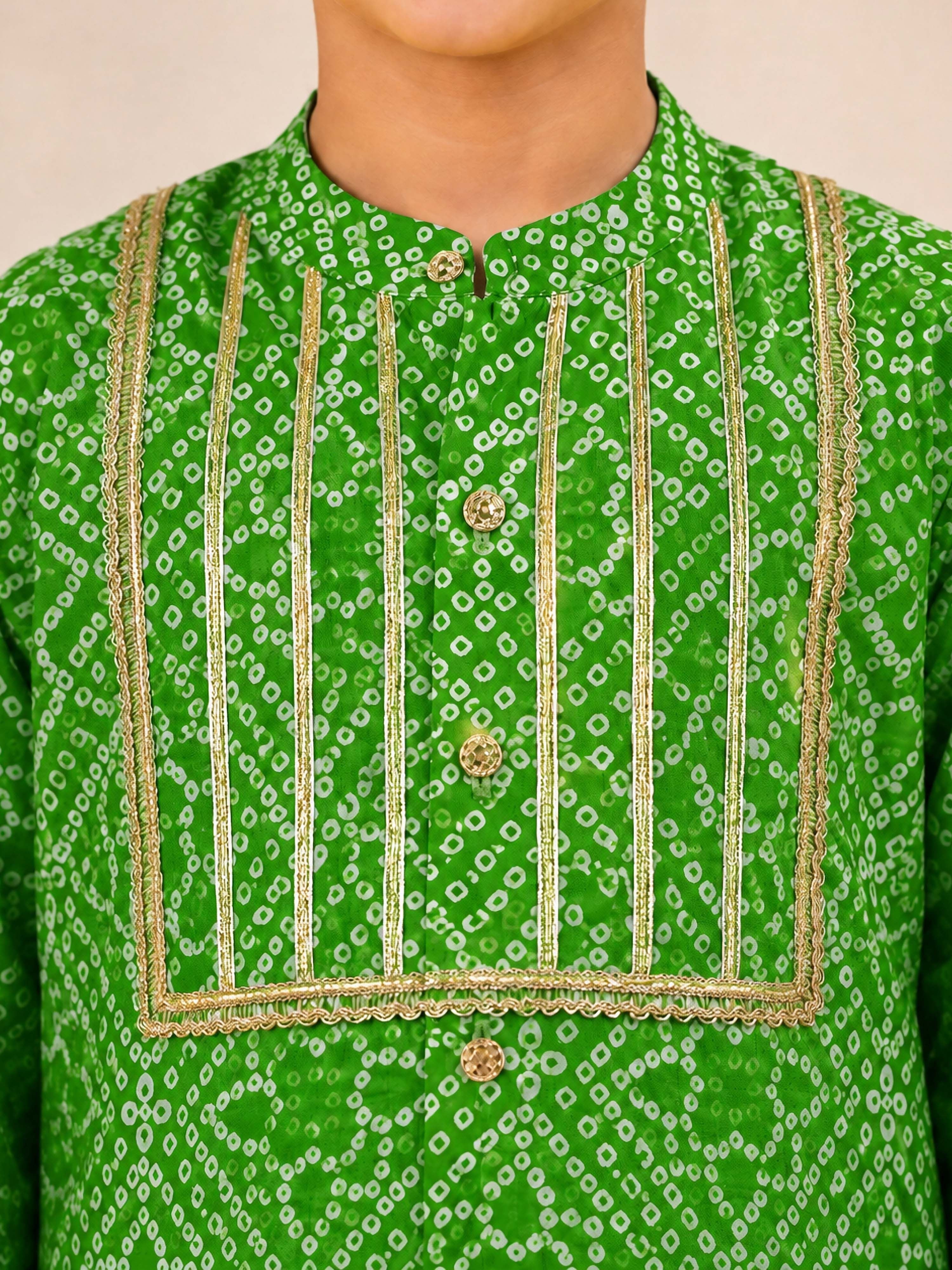 Boy's Green Cotton Digital Print Knee Length Kurta