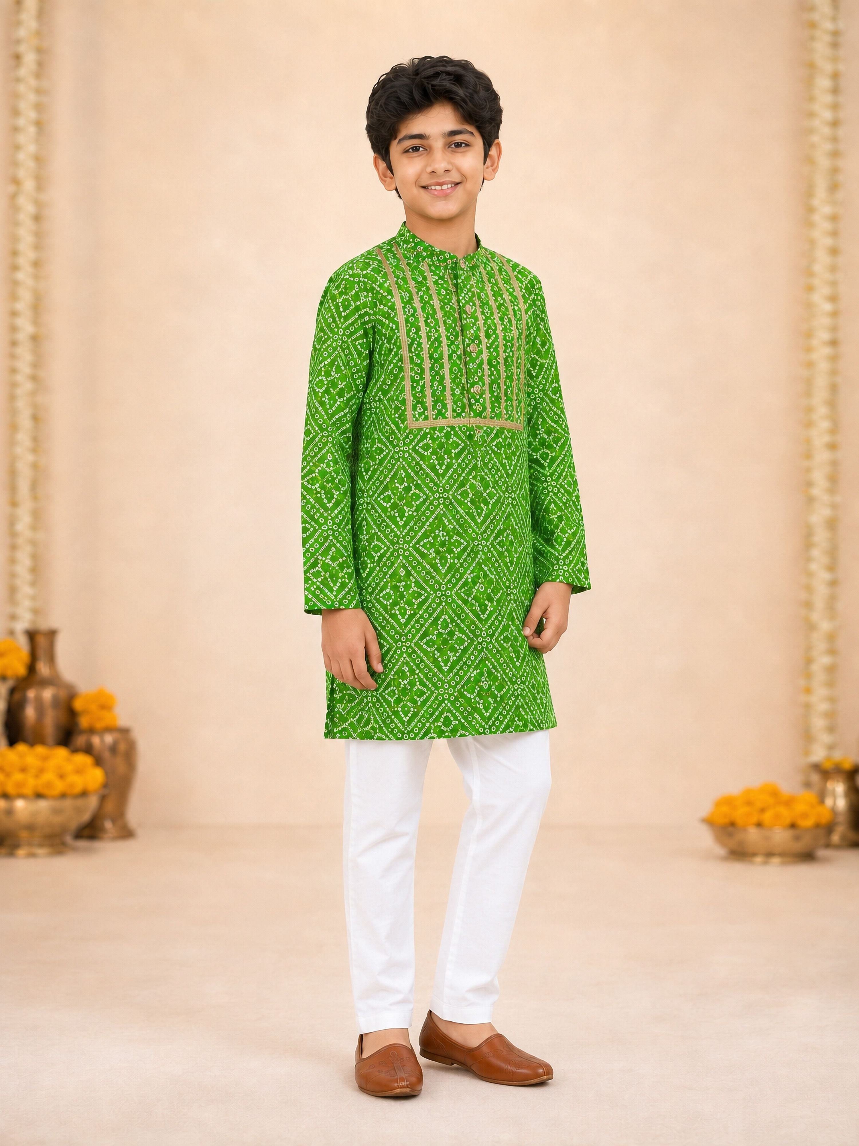 Boy's Green Cotton Digital Print Knee Length Kurta