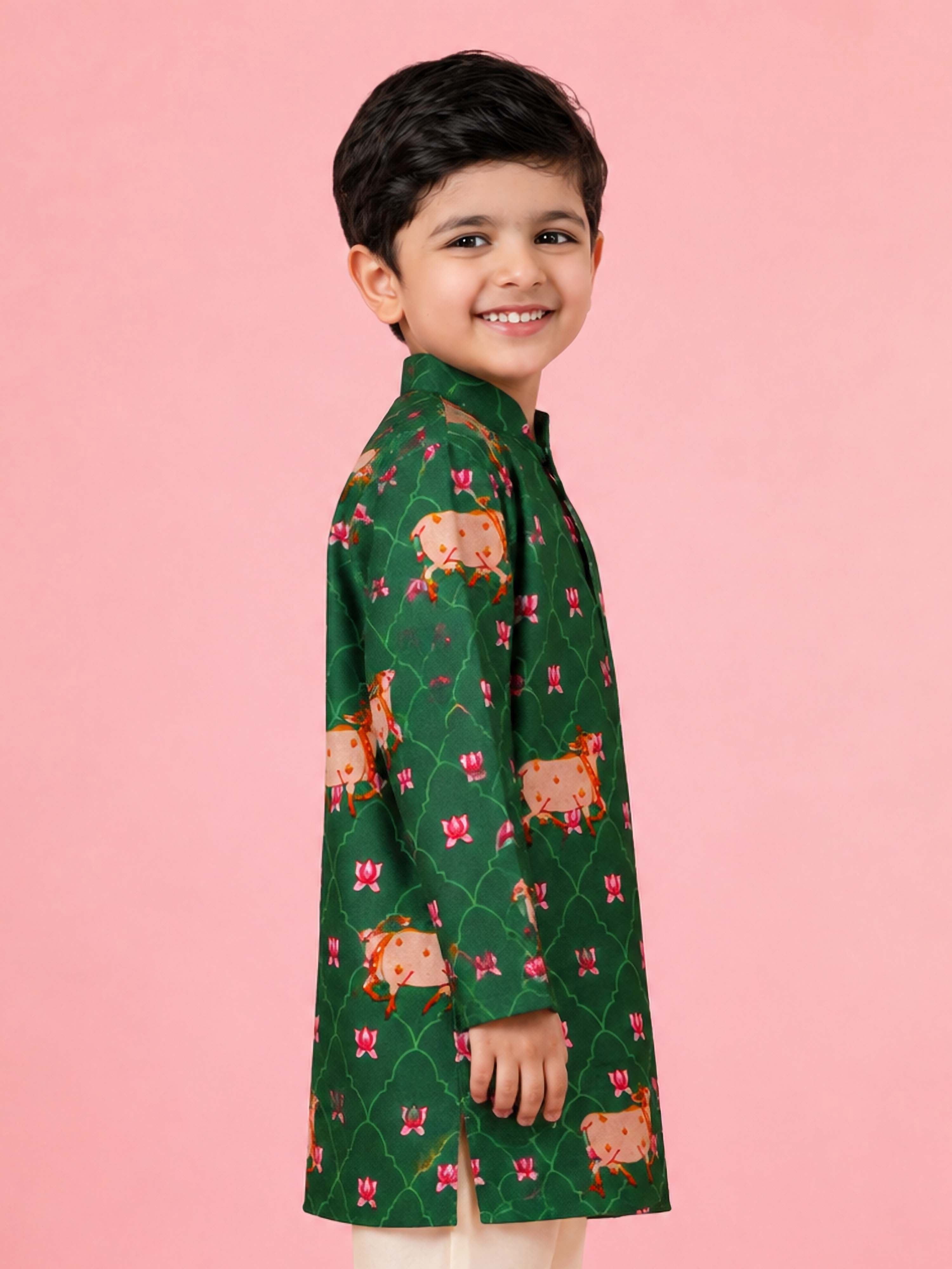 Boy's Green Rayon Digital Print Knee Length Kurta