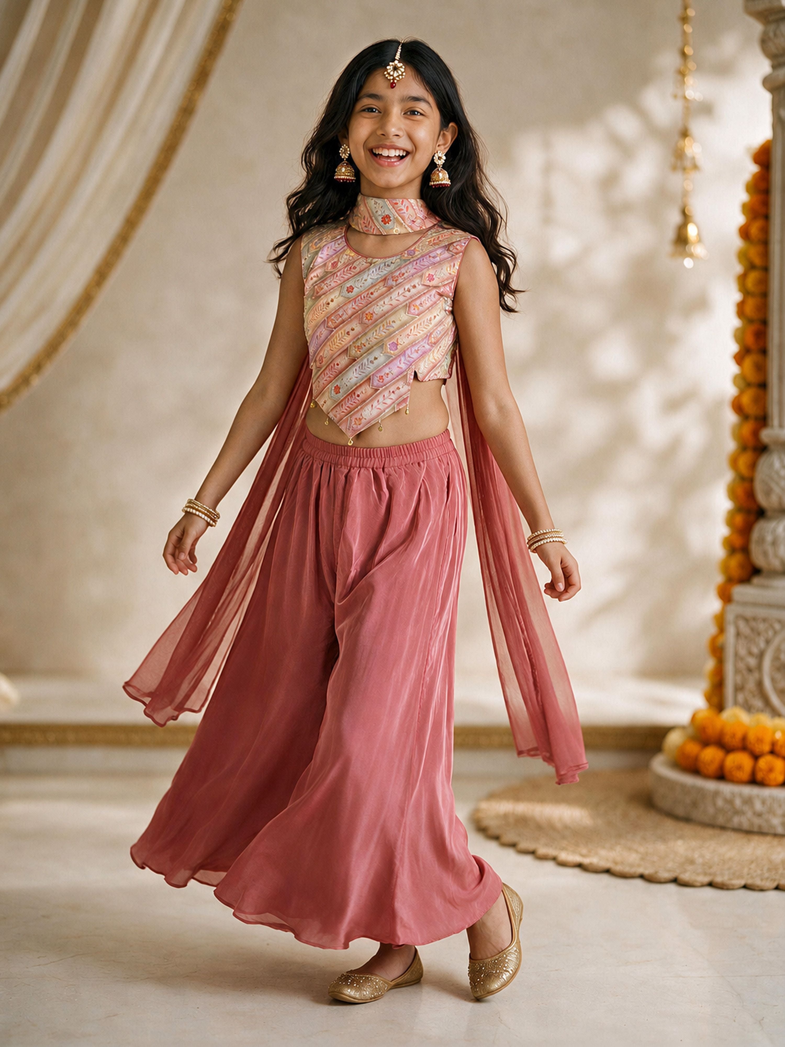 Girls Crepe Clothing Set Multicolour Top Rose Sharara
