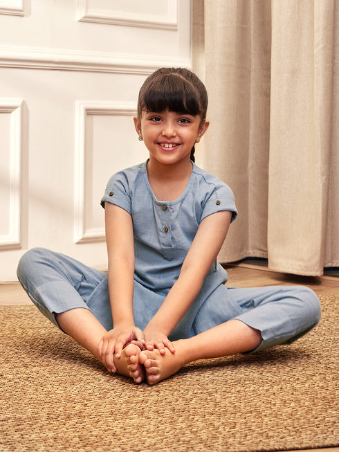 Girl's Aqua Cotton Yoga Kurta Set