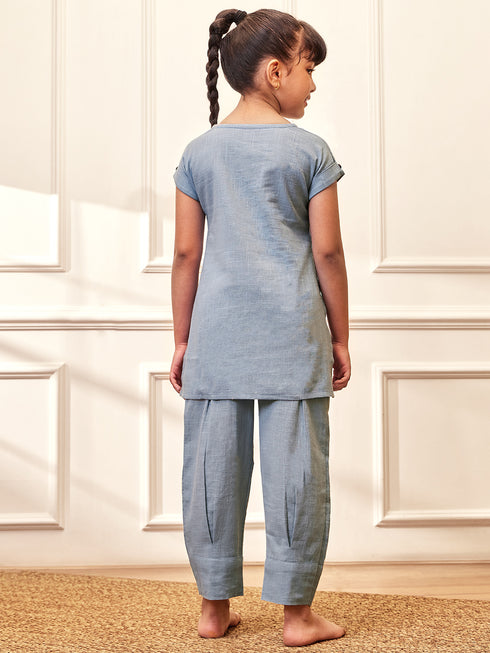 Girl's Aqua Cotton Yoga Kurta Set