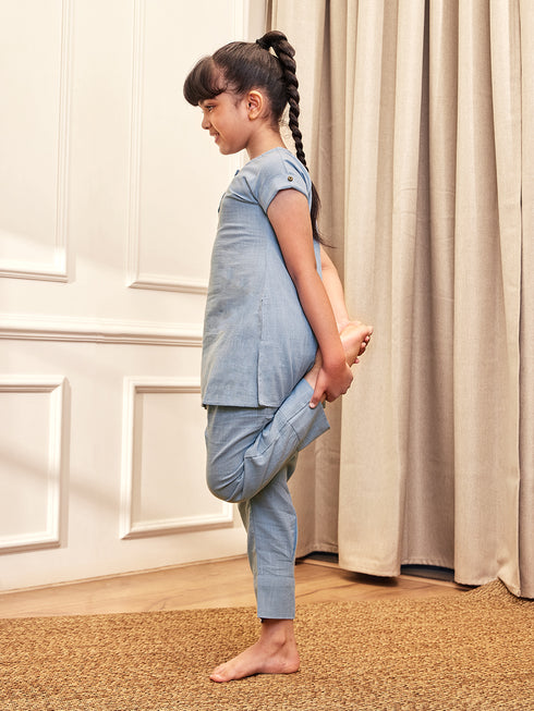 Girl's Aqua Cotton Yoga Kurta Set