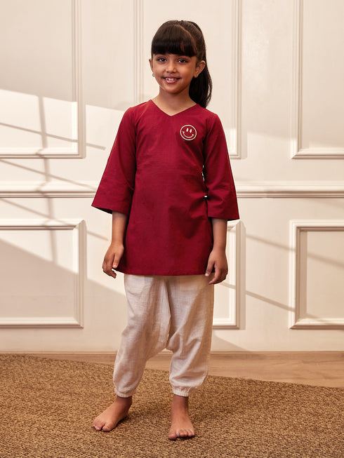 Girl's Maroon Embroidered Cotton Yoga Kurta With White Harem Pants