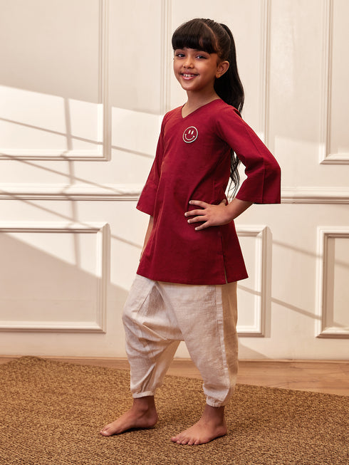 Girl's Maroon Embroidered Cotton Yoga Kurta With White Harem Pants