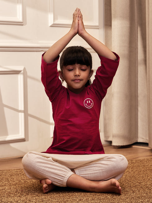 Girl's Maroon Embroidered Cotton Yoga Kurta With White Harem Pants