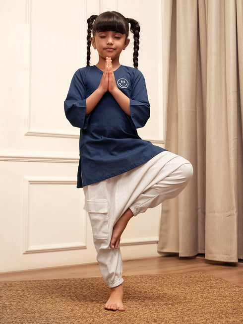 Girl's Navy Blue Embroidered Cotton Yoga Kurta With White Harem Pants