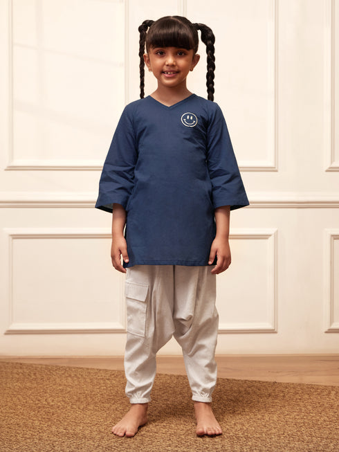 Girl's Navy Blue Embroidered Cotton Yoga Kurta With White Harem Pants