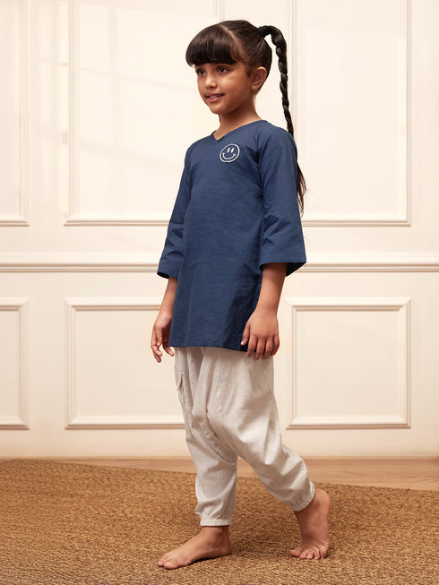 Girl's Navy Blue Embroidered Cotton Yoga Kurta With White Harem Pants