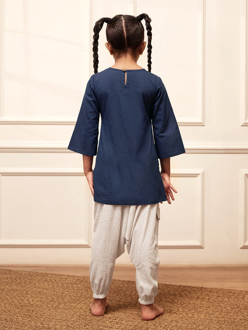 Girl's Navy Blue Embroidered Cotton Yoga Kurta With White Harem Pants