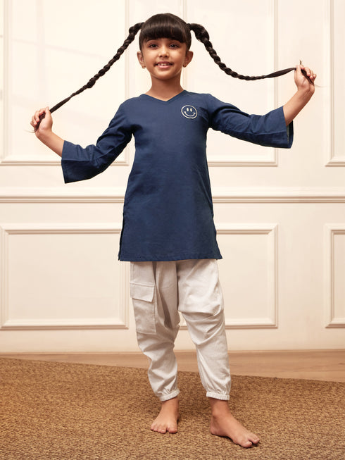 Girl's Navy Blue Embroidered Cotton Yoga Kurta With White Harem Pants