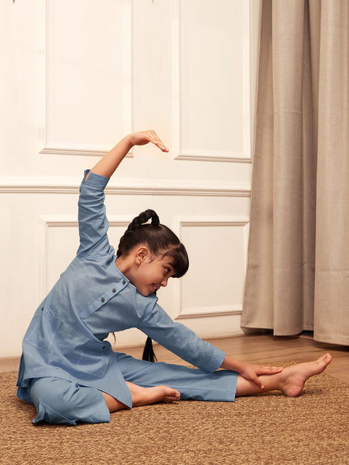 Girl's Aqua Cotton Kurta Pyjama Set