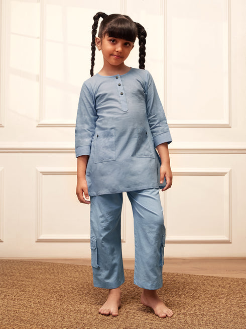 Girl's Aqua Cotton Kurta Pyjama Set
