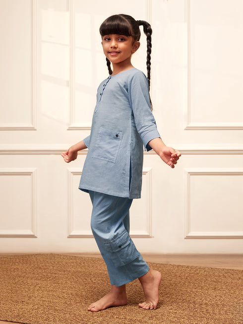 Girl's Aqua Cotton Kurta Pyjama Set