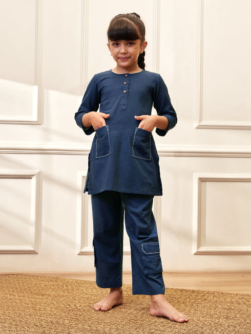 Girl's Navy Blue Cotton Kurta Pyjama Set