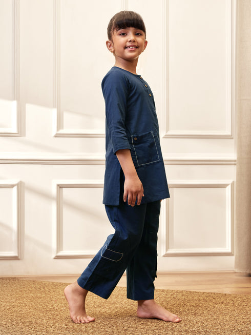 Girl's Navy Blue Cotton Kurta Pyjama Set