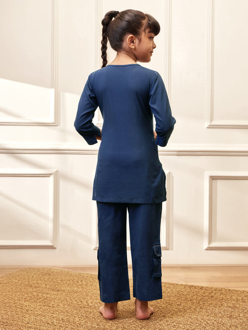 Girl's Navy Blue Cotton Kurta Pyjama Set