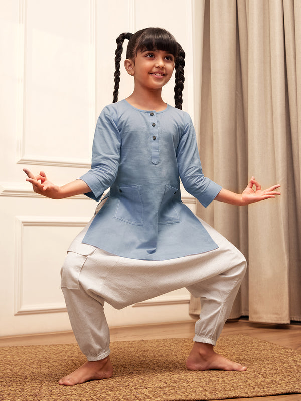 Girl's Aqua Cotton Kurta Harem Pant Set