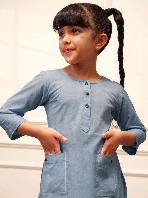 Girl's Aqua Cotton Kurta Harem Pant Set