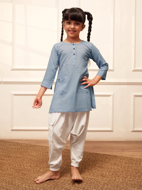 Girl's Aqua Cotton Kurta Harem Pant Set