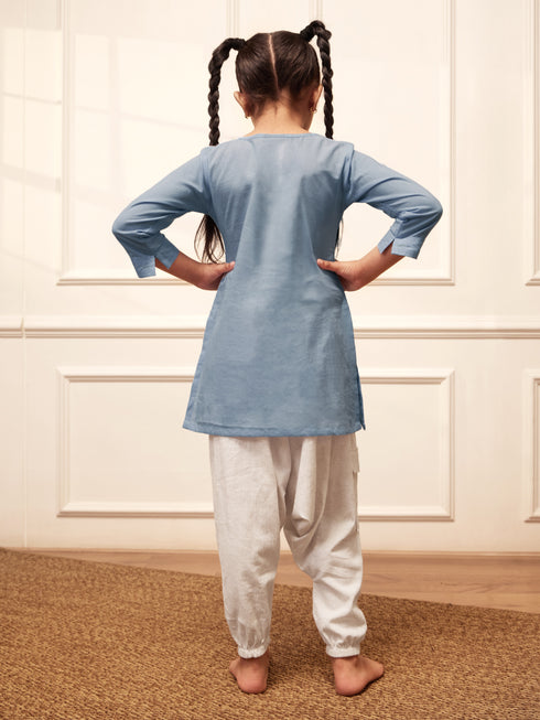 Girl's Aqua Cotton Kurta Harem Pant Set