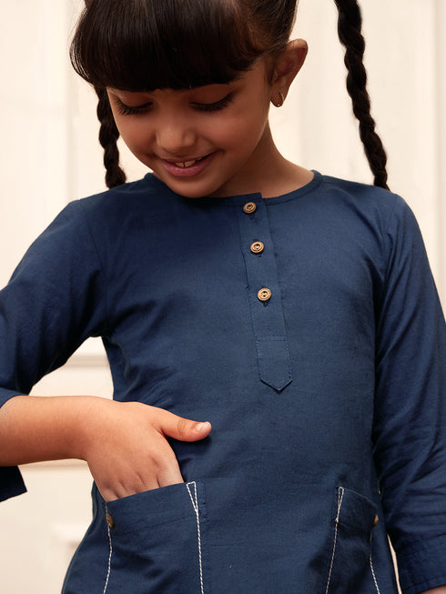 Girl's Navy Blue Cotton Kurta Harem Pant Set