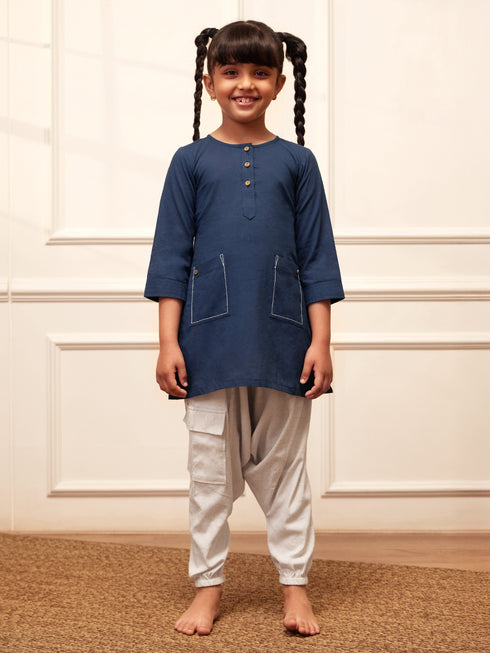 Girl's Navy Blue Cotton Kurta Harem Pant Set