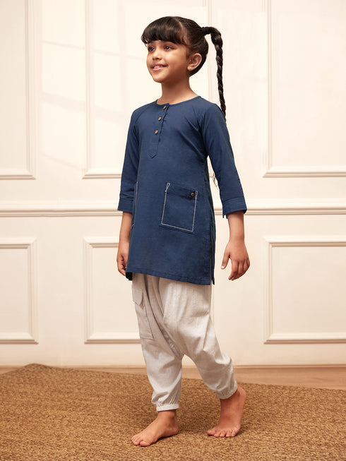 Girl's Navy Blue Cotton Kurta Harem Pant Set