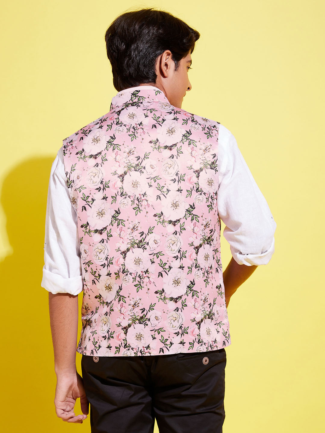 Boy's Multicolor-Base-Pink Floral Printed Nehru Jacket