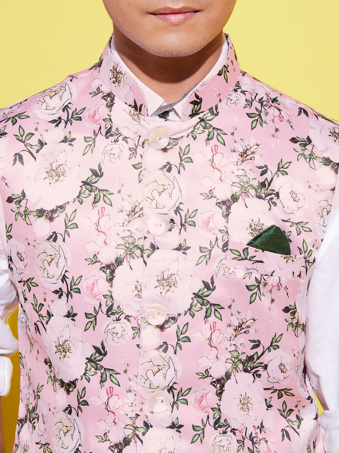 Boy's Multicolor-Base-Pink Floral Printed Nehru Jacket