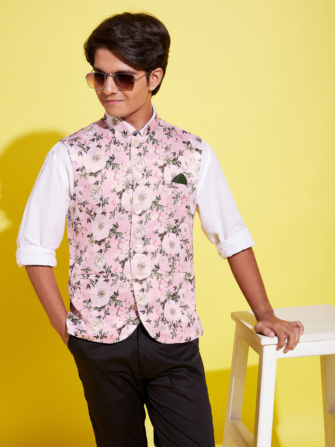 Boy's Multicolor-Base-Pink Floral Printed Nehru Jacket