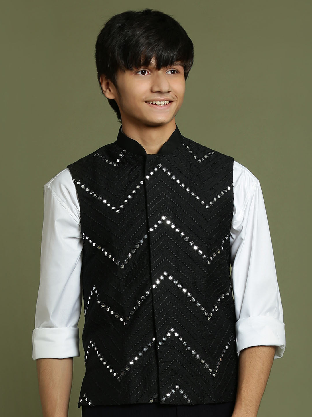 Boy's' Black Mirror Work Ethnic Jacket