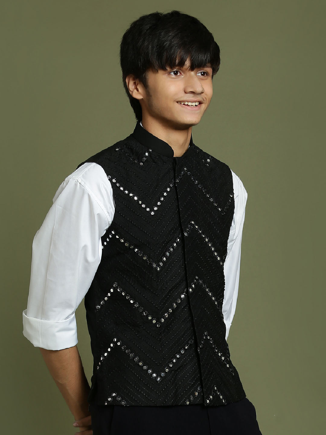 Boy's' Black Mirror Work Ethnic Jacket