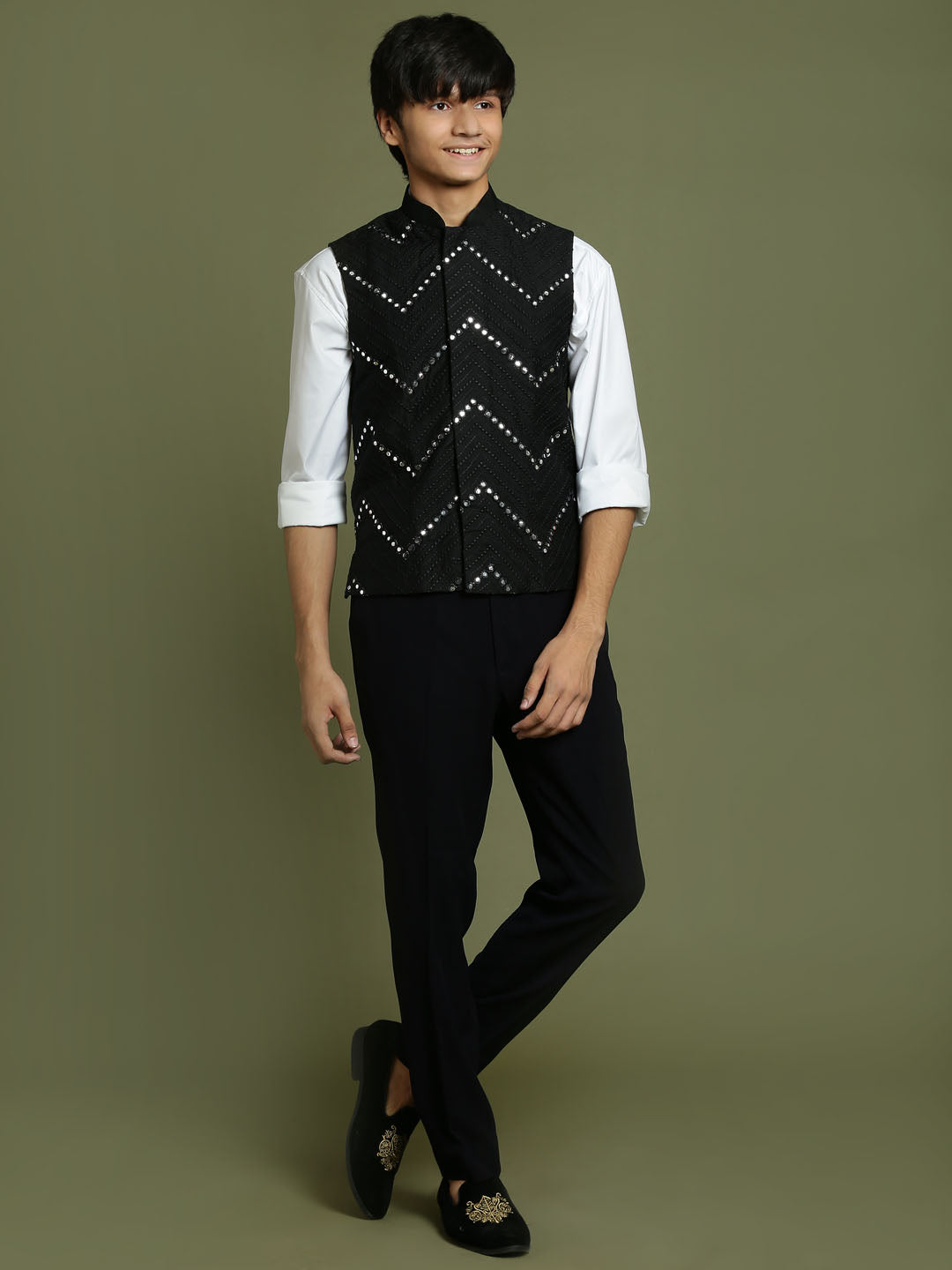 Boy's' Black Mirror Work Ethnic Jacket