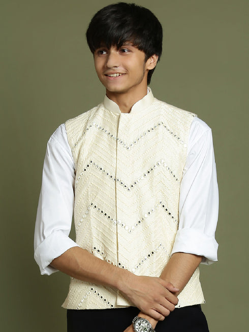 Boy's' Cream Mirror Work Ethnic Jacket