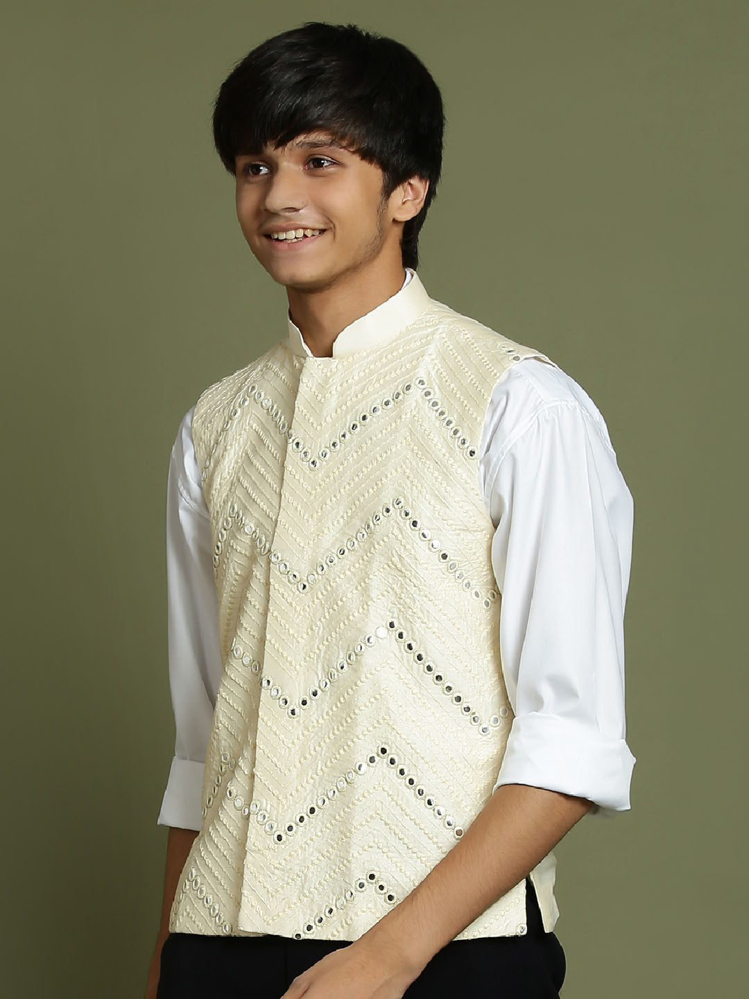 Boy's' Cream Mirror Work Ethnic Jacket