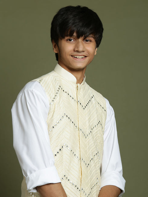 Boy's' Cream Mirror Work Ethnic Jacket