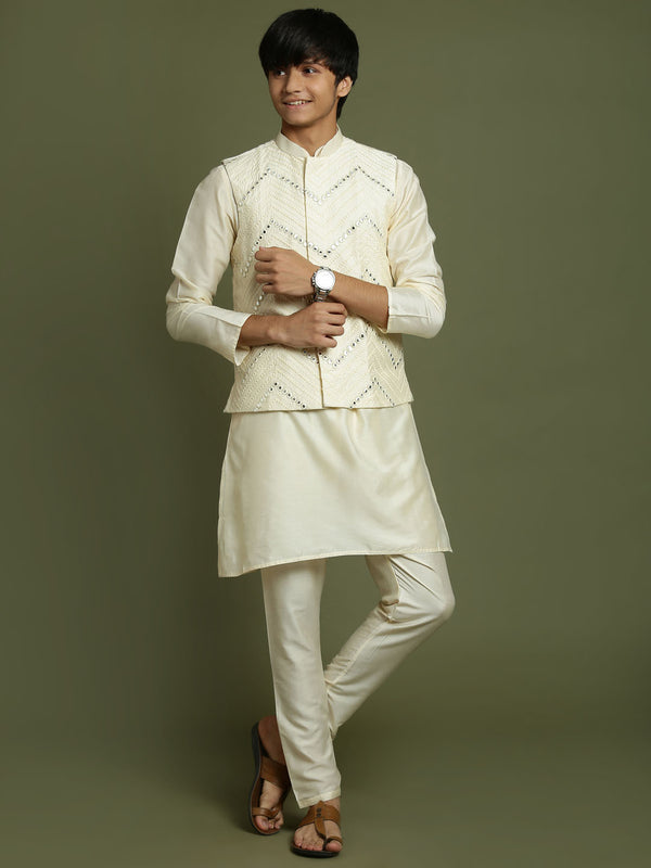 Boy's Cream Mirror Work Jacket And Solid Kurta Pyjama Set