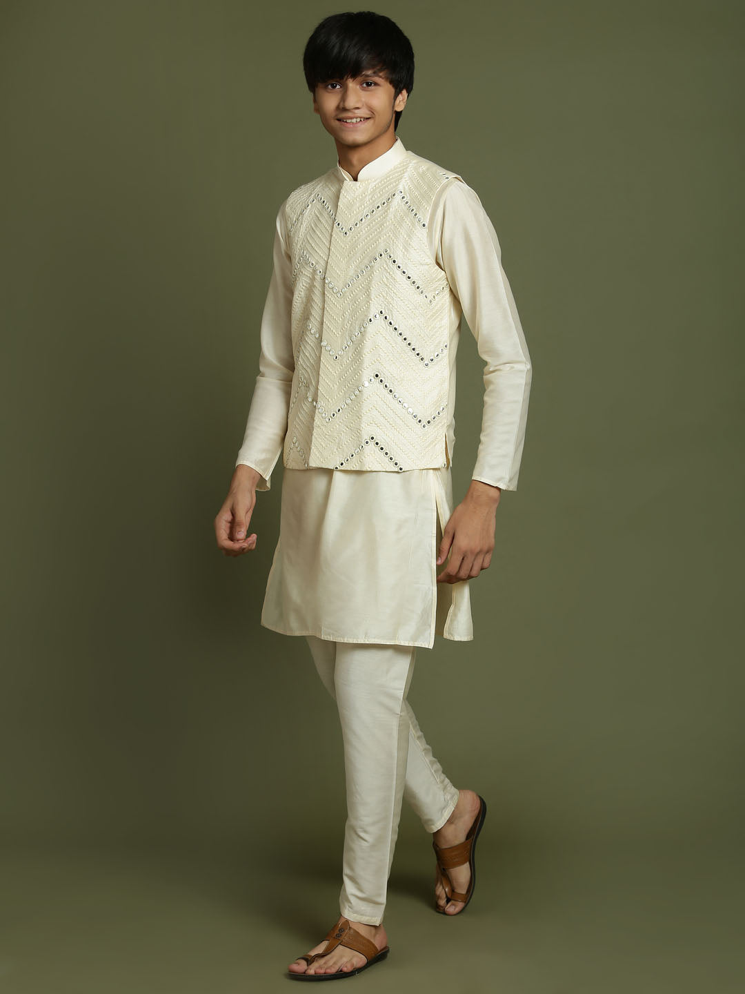 Boy's Cream Mirror Work Jacket And Solid Kurta Pyjama Set