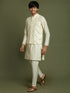 Boy's Cream Mirror Work Jacket And Solid Kurta Pyjama Set