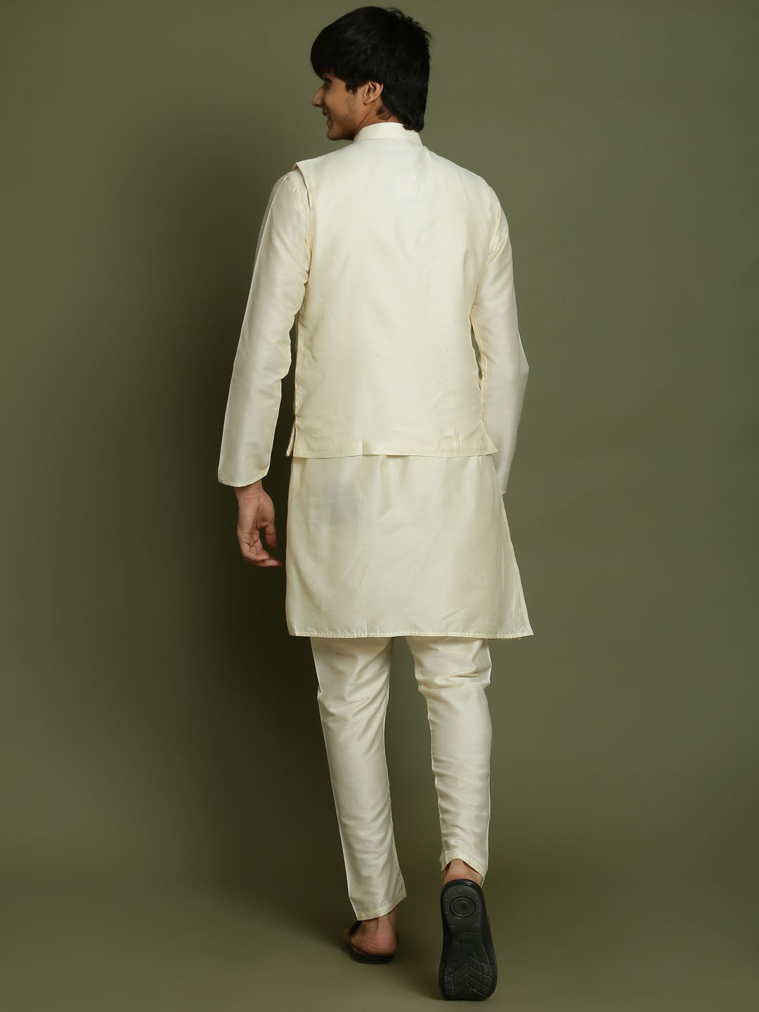 Boy's Cream Mirror Work Jacket And Solid Kurta Pyjama Set