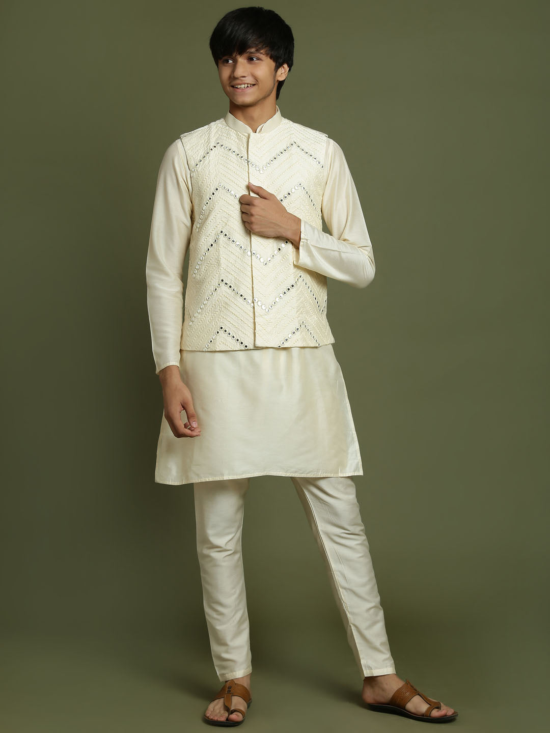 Boy's Cream Mirror Work Jacket And Solid Kurta Pyjama Set