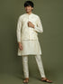 Boy's Cream Mirror Work Jacket And Solid Kurta Pyjama Set