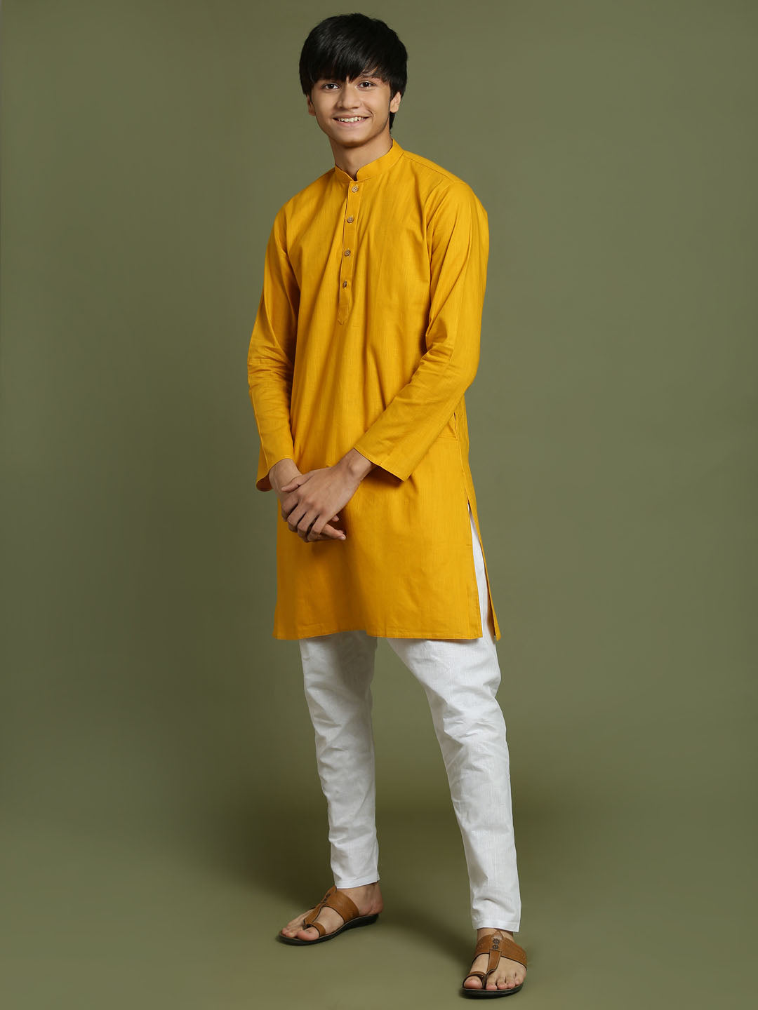 Boy's Mustard And White Kurta Pyjama Set